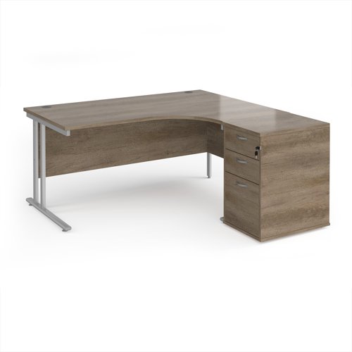 Maestro 25 right hand ergonomic desk 1600mm with silver cantilever frame and desk high pedestal - Nebraska Oak