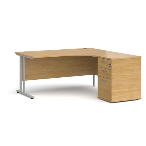 Maestro 25 right hand ergonomic desk 1600mm with silver cantilever frame and desk high pedestal - oak