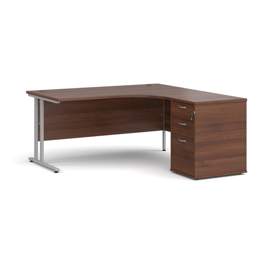 Maestro 25 right hand ergonomic desk 1600mm with silver cantilever frame and desk high pedestal - walnut