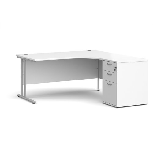 Maestro 25 right hand ergonomic desk 1600mm with silver cantilever frame and desk high pedestal - white EBS16RWH Buy online at Office 5Star or contact us Tel 01594 810081 for assistance