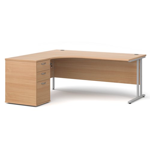 Maestro 25 left hand ergonomic desk 1800mm with silver cantilever frame and desk high pedestal - beech Office Desks EBS18LB