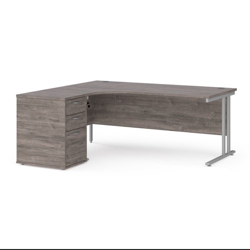 Maestro 25 left hand ergonomic desk 1800mm with silver cantilever frame and desk high pedestal - grey oak Office Desks EBS18LGO