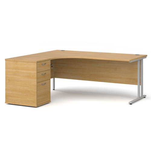 Maestro 25 left hand ergonomic desk 1800mm with silver cantilever frame and desk high pedestal - oak Office Desks EBS18LO