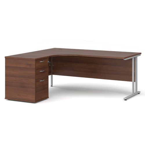 Maestro 25 left hand ergonomic desk 1800mm with silver cantilever frame and desk high pedestal - walnut EBS18LW Buy online at Office 5Star or contact us Tel 01594 810081 for assistance