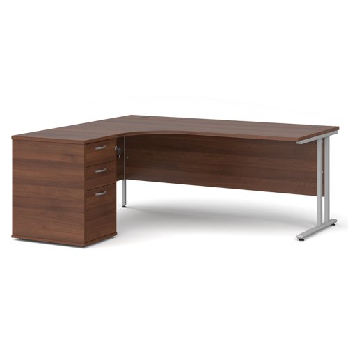 Maestro 25 left hand ergonomic desk 1800mm with silver cantilever frame and desk high pedestal - walnut Office Desks EBS18LW