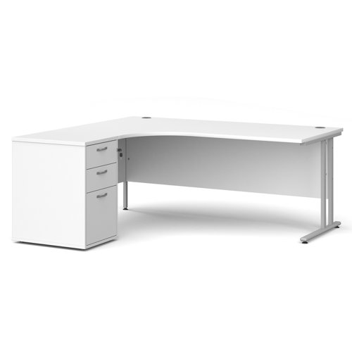 EBS18LWH Maestro 25 left hand ergonomic desk 1800mm with silver cantilever frame and desk high pedestal - white