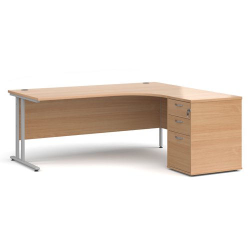 Maestro 25 right hand ergonomic desk 1800mm with silver cantilever frame and desk high pedestal - beech Office Desks EBS18RB