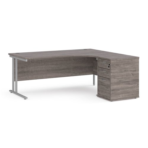 Maestro 25 right hand ergonomic desk 1800mm with silver cantilever frame and desk high pedestal - grey oak Office Desks EBS18RGO