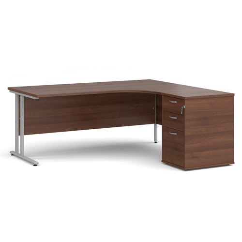 EBS18RW Maestro 25 right hand ergonomic desk 1800mm with silver cantilever frame and desk high pedestal - walnut