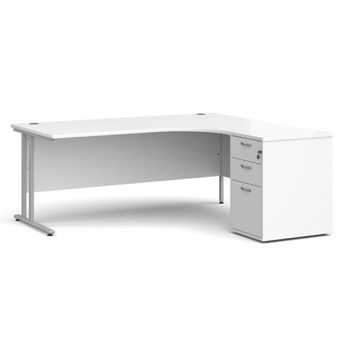 EBS18RWH Maestro 25 right hand ergonomic desk 1800mm with silver cantilever frame and desk high pedestal - white