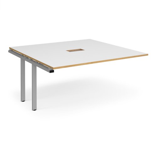 Adapt boardroom table add on unit 1600mm x 1600mm with central cutout 272mm x 132mm - silver frame, white with oak edge top (Made-to-order 4 - 6 week lead time)