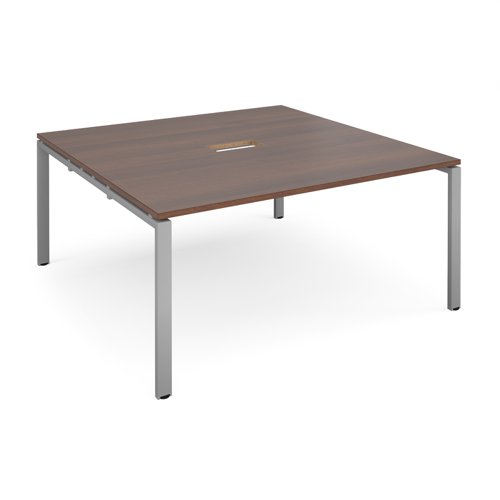 Adapt square boardroom table 1600mm x 1600mm with central cutout 272mm x 132mm - silver frame, walnut top (Made-to-order 4 - 6 week lead time)
