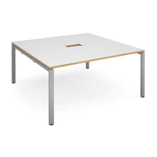 Adapt square boardroom table 1600mm x 1600mm with central cutout 272mm x 132mm - silver frame, white with oak edge top (Made-to-order 4 - 6 week lead time)