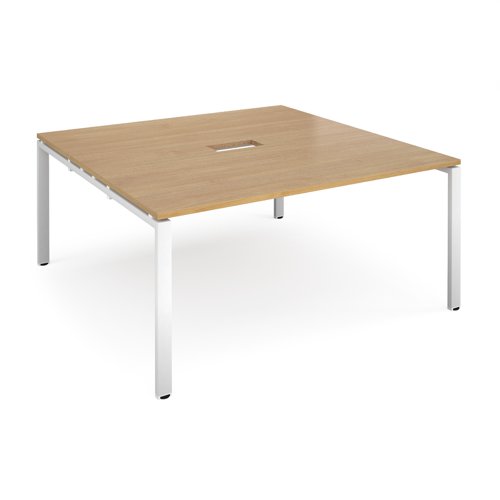 Adapt square boardroom table 1600mm x 1600mm with central cutout 272mm x 132mm - white frame, oak top (Made-to-order 4 - 6 week lead time)