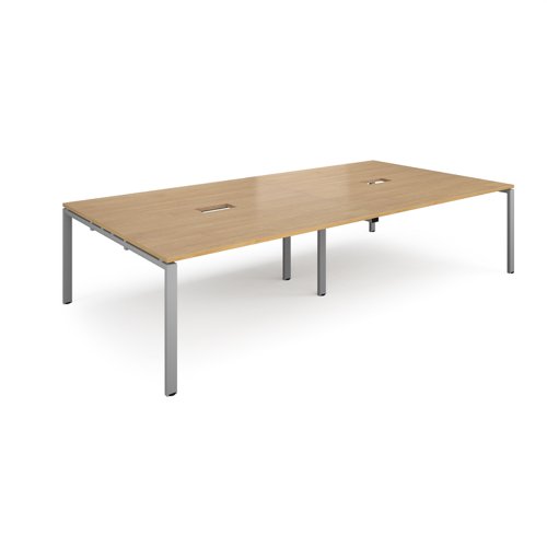 Adapt rectangular boardroom table 3200mm x 1600mm with 2 cutouts 272mm x 132mm - silver frame, oak top