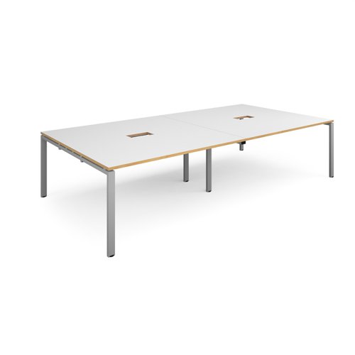 Adapt rectangular boardroom table 3200mm x 1600mm with 2 cutouts 272mm x 132mm - silver frame, white with oak edge top (Made-to-order 4 - 6 week lead time)