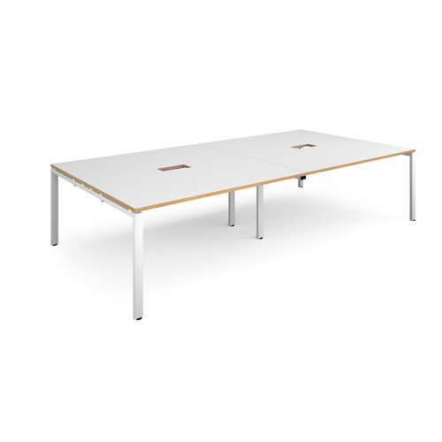 Adapt rectangular boardroom table 3200mm x 1600mm with 2 cutouts 272mm x 132mm - white frame, white with oak edge top (Made-to-order 4 - 6 week lead time)