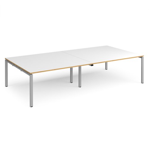 Adapt rectangular boardroom table 3200mm x 1600mm - silver frame, white top with oak edging (Made-to-order 4 - 6 week lead time)