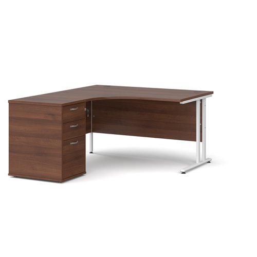 Maestro 25 left hand ergonomic desk 1400mm with white cantilever frame and desk high pedestal - walnut EBWH14LW Buy online at Office 5Star or contact us Tel 01594 810081 for assistance