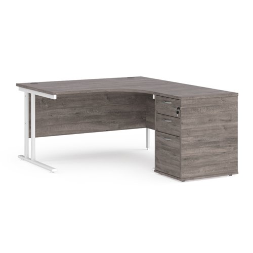 Maestro 25 right hand ergonomic desk 1400mm with white cantilever frame and desk high pedestal - grey oak Office Desks EBWH14RGO
