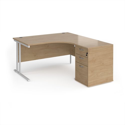Maestro 25 right hand ergonomic desk 1400mm with white cantilever frame and desk high pedestal - Kendal Oak