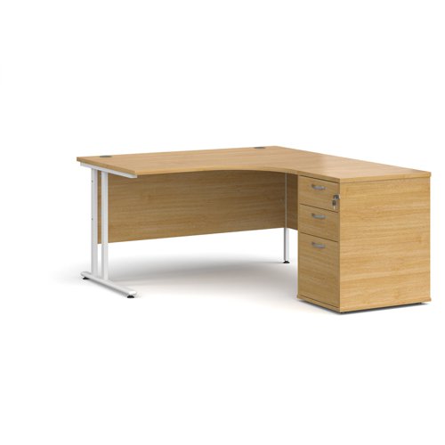 Maestro 25 right hand ergonomic desk 1400mm with white cantilever frame and desk high pedestal - oak Office Desks EBWH14RO