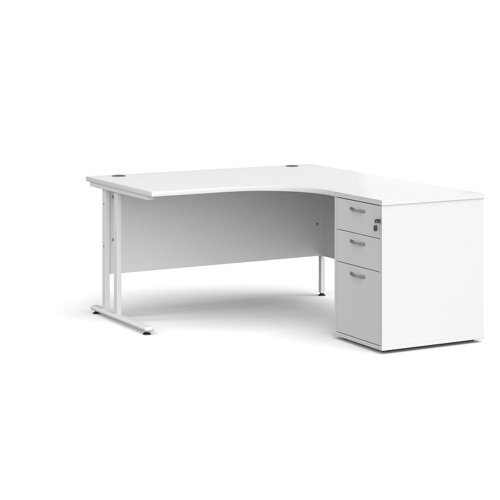 Maestro 25 right hand ergonomic desk 1400mm with white cantilever frame and desk high pedestal - white EBWH14RWH Buy online at Office 5Star or contact us Tel 01594 810081 for assistance