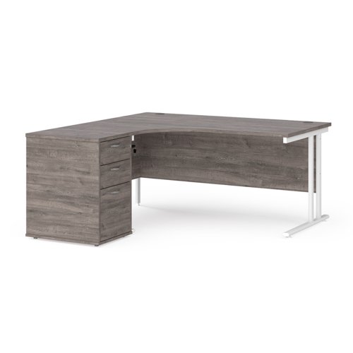 Maestro 25 left hand ergonomic desk 1600mm with white cantilever frame and desk high pedestal - grey oak EBWH16LGO Buy online at Office 5Star or contact us Tel 01594 810081 for assistance