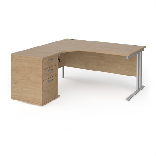 Maestro 25 left hand ergonomic desk 1600mm with white cantilever frame and desk high pedestal - Kendal Oak