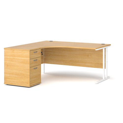 Maestro 25 left hand ergonomic desk 1600mm with white cantilever frame and desk high pedestal - oak EBWH16LO Buy online at Office 5Star or contact us Tel 01594 810081 for assistance