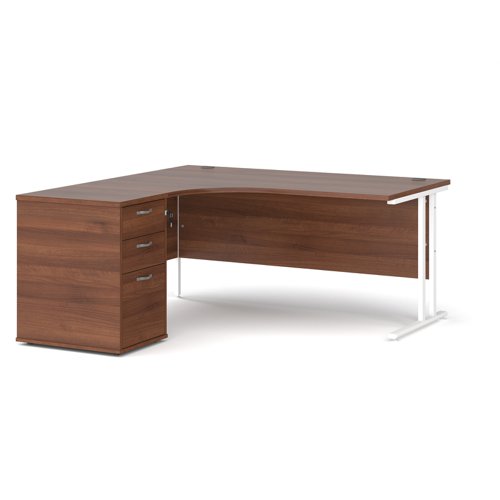 Maestro 25 left hand ergonomic desk 1600mm with white cantilever frame and desk high pedestal - walnut Office Desks EBWH16LW