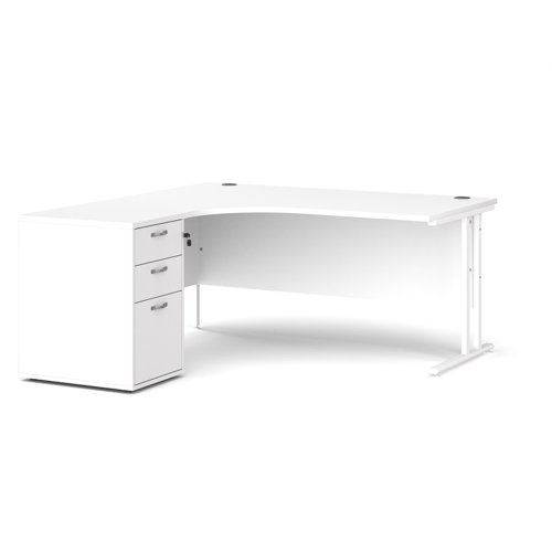 Maestro 25 left hand ergonomic desk 1600mm with white cantilever frame and desk high pedestal - white Office Desks EBWH16LWH