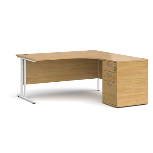 Maestro 25 right hand ergonomic desk 1600mm with white cantilever frame and desk high pedestal - oak EBWH16RO Buy online at Office 5Star or contact us Tel 01594 810081 for assistance