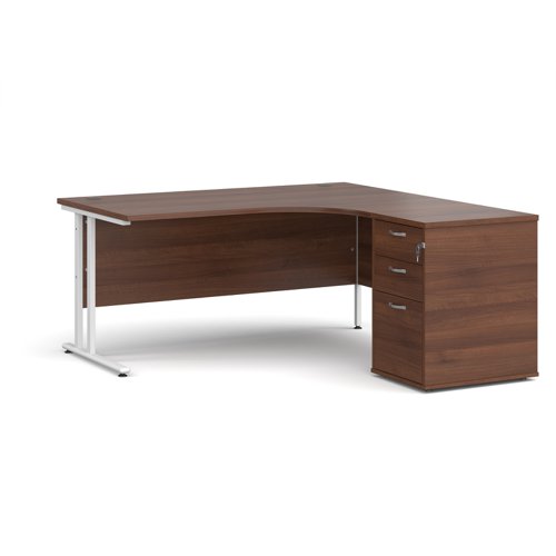 Maestro 25 right hand ergonomic desk 1600mm with white cantilever frame and desk high pedestal - walnut