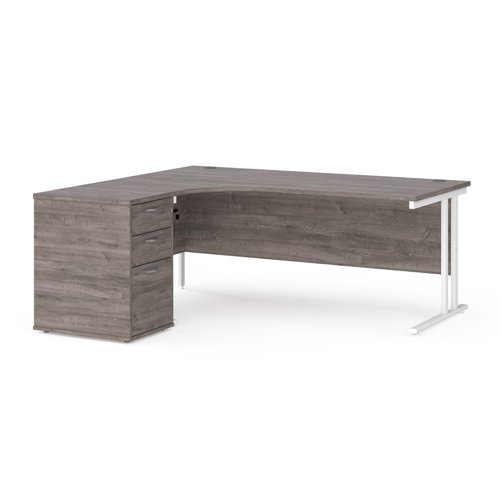 Maestro 25 left hand ergonomic desk 1800mm with white cantilever frame and desk high pedestal - grey oak EBWH18LGO Buy online at Office 5Star or contact us Tel 01594 810081 for assistance