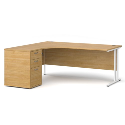 Maestro 25 left hand ergonomic desk 1800mm with white cantilever frame and desk high pedestal - oak EBWH18LO Buy online at Office 5Star or contact us Tel 01594 810081 for assistance