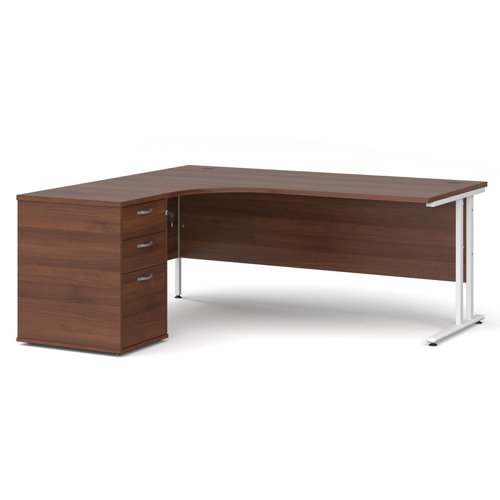 Maestro 25 left hand ergonomic desk 1800mm with white cantilever frame and desk high pedestal - walnut EBWH18LW Buy online at Office 5Star or contact us Tel 01594 810081 for assistance