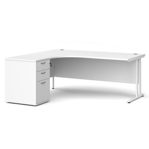 Maestro 25 left hand ergonomic desk 1800mm with white cantilever frame and desk high pedestal - white EBWH18LWH Buy online at Office 5Star or contact us Tel 01594 810081 for assistance