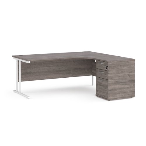 Maestro 25 right hand ergonomic desk 1800mm with white cantilever frame and desk high pedestal - grey oak