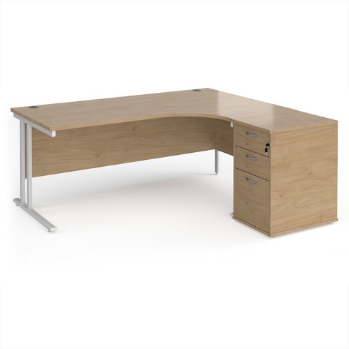 Maestro 25 right hand ergonomic desk 1800mm with white cantilever frame and desk high pedestal - Kendal Oak