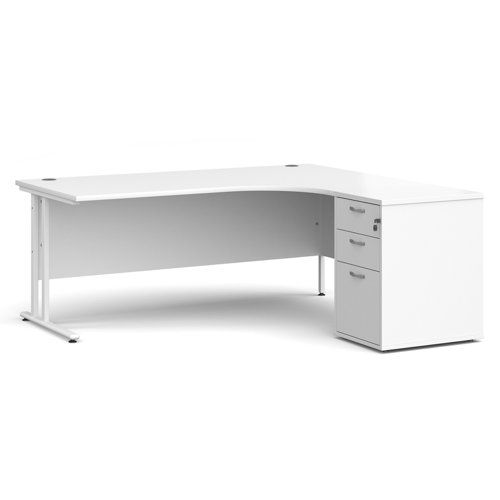 Maestro 25 right hand ergonomic desk 1800mm with white cantilever frame and desk high pedestal - white