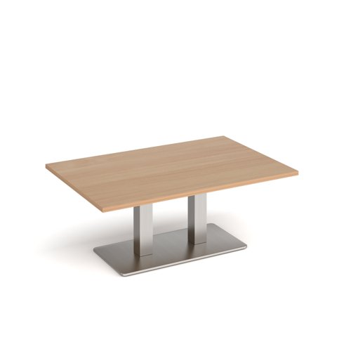 Eros rectangular coffee table with flat brushed steel rectangular base and twin uprights 1200mm x 800mm - beech ECR1200-BS-B Buy online at Office 5Star or contact us Tel 01594 810081 for assistance