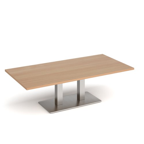 Eros rectangular coffee table with flat brushed steel rectangular base and twin uprights 1600mm x 800mm - beech ECR1600-BS-B Buy online at Office 5Star or contact us Tel 01594 810081 for assistance