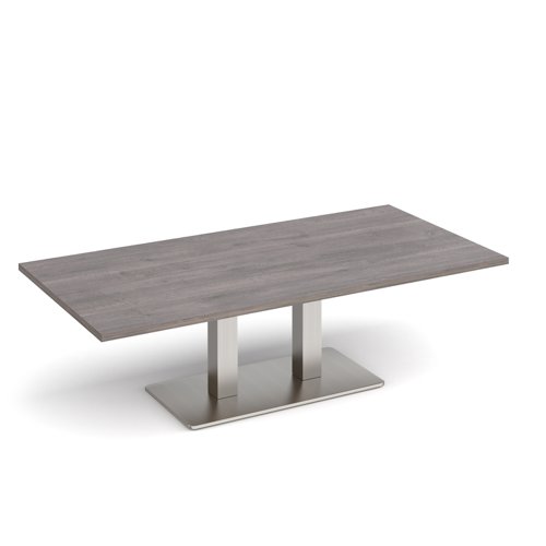 Eros Rectangular Coffee Table With Flat Brushed Steel Rectangular Base And Twin Uprights 1600mm X 800mm Grey Oak