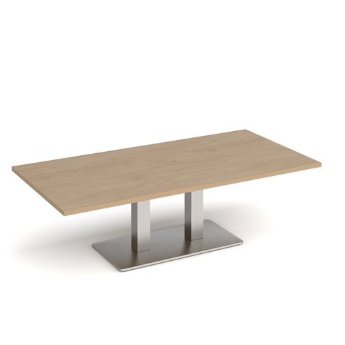 ECR1600-BS-KO Eros rectangular coffee table with flat brushed steel rectangular base and twin uprights 1600mm x 800mm - kendal oak