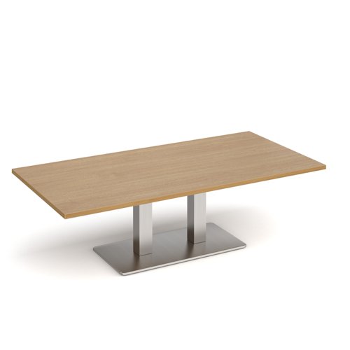 Eros rectangular coffee table with flat brushed steel rectangular base and twin uprights 1600mm x 800mm - oak ECR1600-BS-O Buy online at Office 5Star or contact us Tel 01594 810081 for assistance