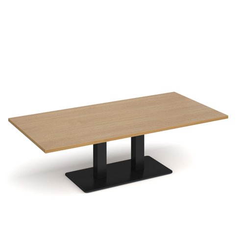 Eros rectangular coffee table with flat black rectangular base and twin uprights 1600mm x 800mm - oak
