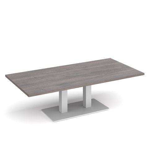 ECR1600-WH-GO Eros rectangular coffee table with flat white rectangular base and twin uprights 1600mm x 800mm - grey oak