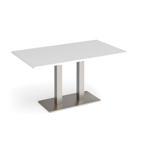 Eros rectangular dining table with flat brushed steel rectangular base and twin uprights 1400mm x 800mm - white
