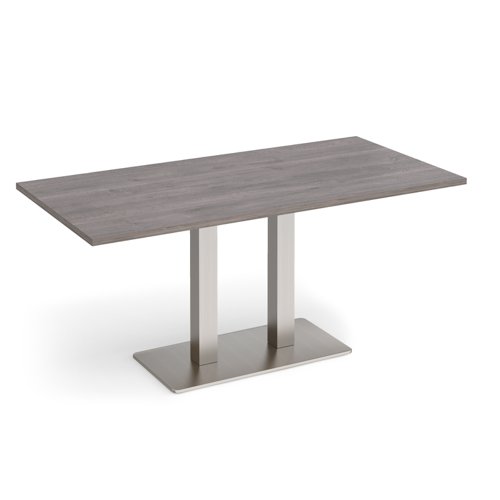 Eros rectangular dining table with flat brushed steel rectangular base and twin uprights 1600mm x 800mm - grey oak